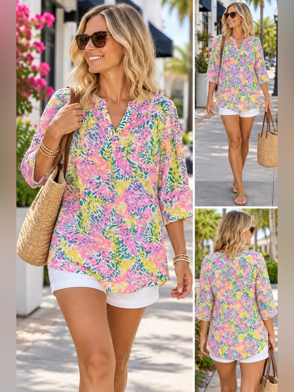 Mud Pie Tropical Floral Tunic Dress Cover Up Pink Teal Yellow Size M
